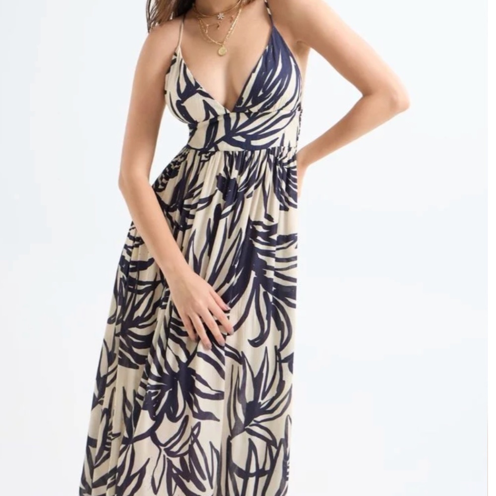 Navy Abstract Leaf Print Midi Dress – Sleeveless V-Neck Resortwear Size M/L NWT